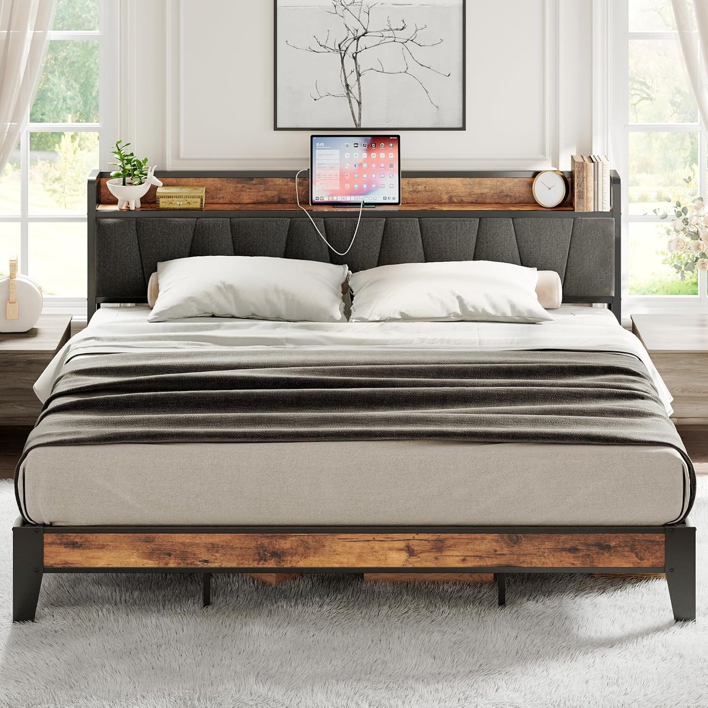 LIKIMIO California King Bed Frames, Storage Headboard with Charging Station, Solid and Stable, Noise Free, No Box Spring Needed, Easy Assembly