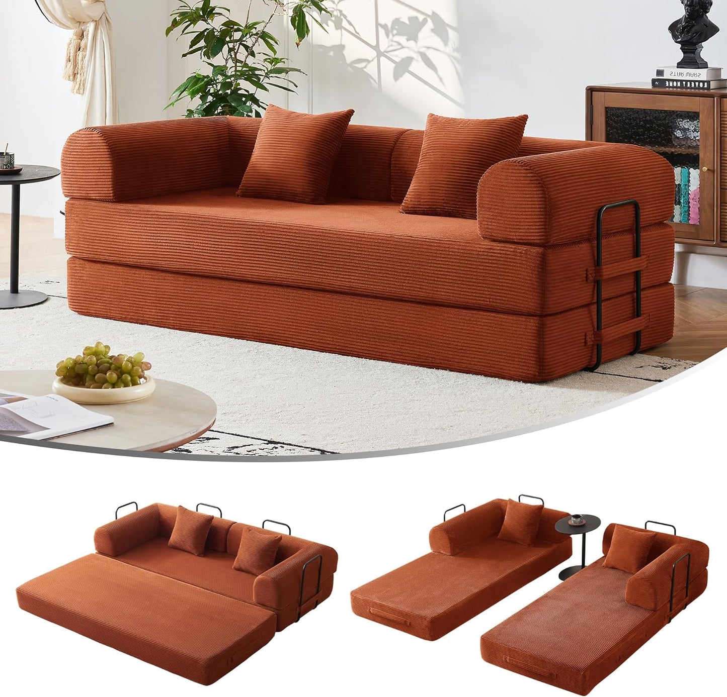 79" Modular Sofa Bed, Convertible Sleeper Sofa Bed, Couch Bed with Fixed-Shape Frame, Corduroy Floor Sofa Lounge Couch, Couches for Living Room with 2 Pillows, No Assembly Required, Black