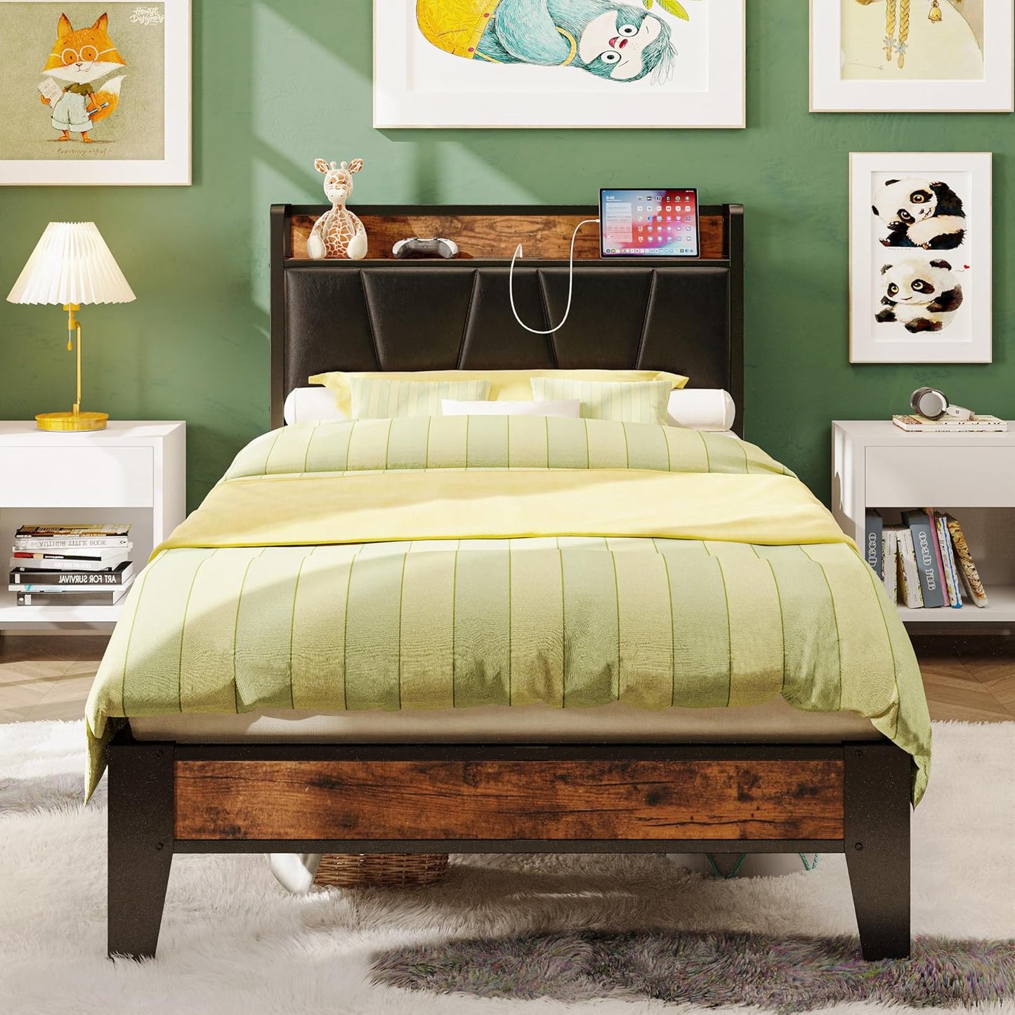 LIKIMIO California King Bed Frames, Storage Headboard with Charging Station, Solid and Stable, Noise Free, No Box Spring Needed, Easy Assembly