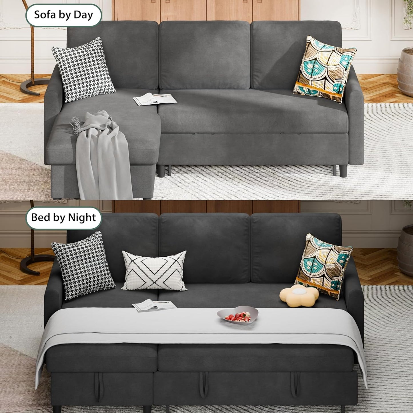 Shintenchi Sofa Couch, Sofa Bed- 2 in 1 Pull Out Couch Bed with Storage Chaise for Living Room, Sofa Bed Sectional Sofa Couch Linen Couch (Grey Black)