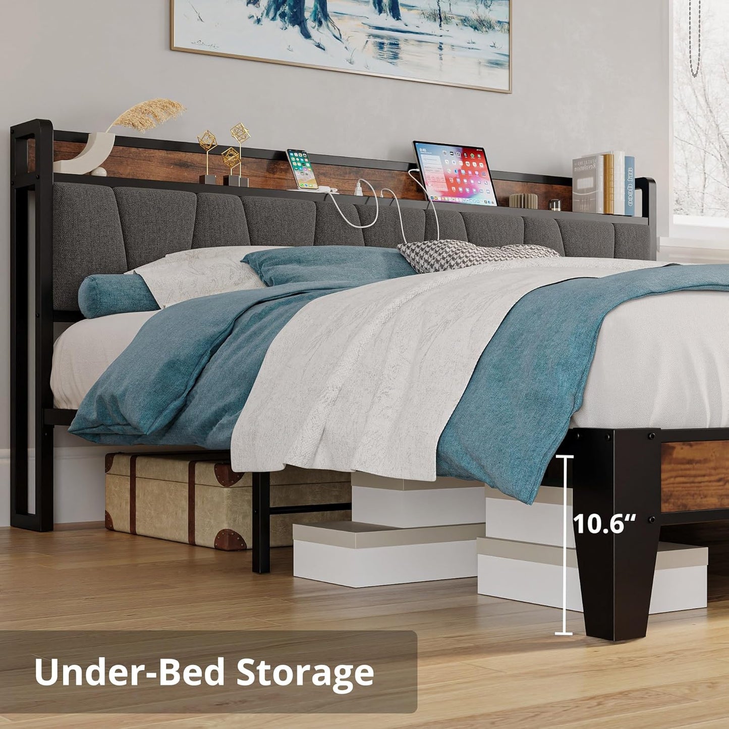 LIKIMIO California King Bed Frames, Storage Headboard with Charging Station, Solid and Stable, Noise Free, No Box Spring Needed, Easy Assembly