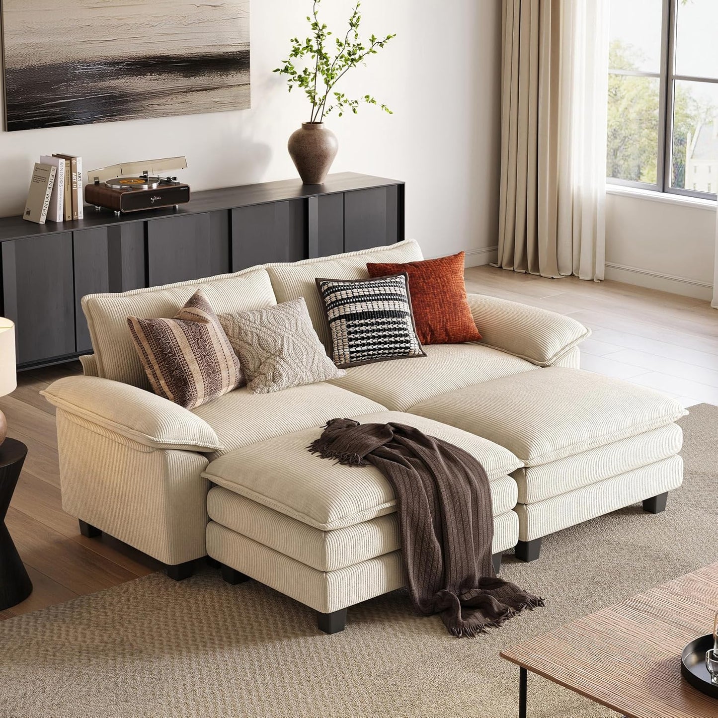 LINSY HOME Modular Sectional Sofa - 123'' Oversized Corduroy Cloud Couch L Shaped Couch with Movable Ottoman Soft Modern Comfy Sofa for Living Room Apartment Office, Green