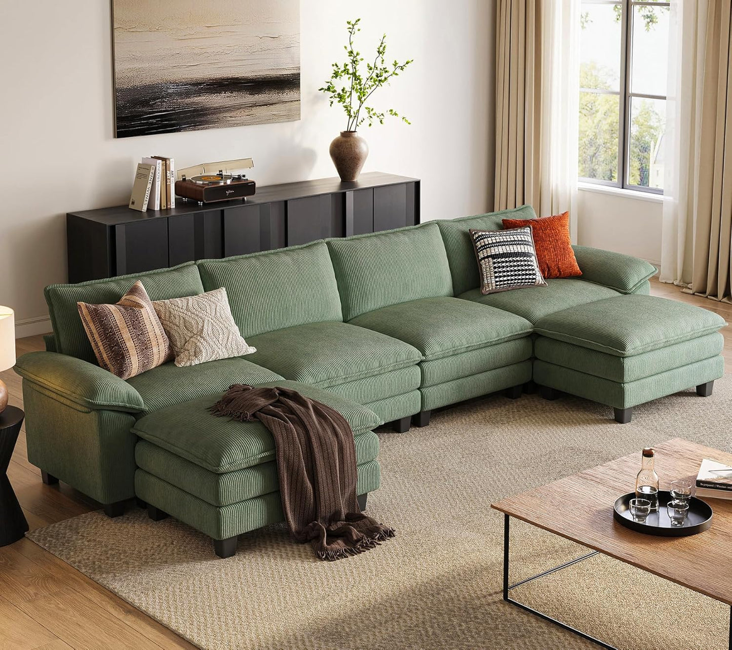 LINSY HOME Modular Sectional Sofa - 123'' Oversized Corduroy Cloud Couch L Shaped Couch with Movable Ottoman Soft Modern Comfy Sofa for Living Room Apartment Office, Green
