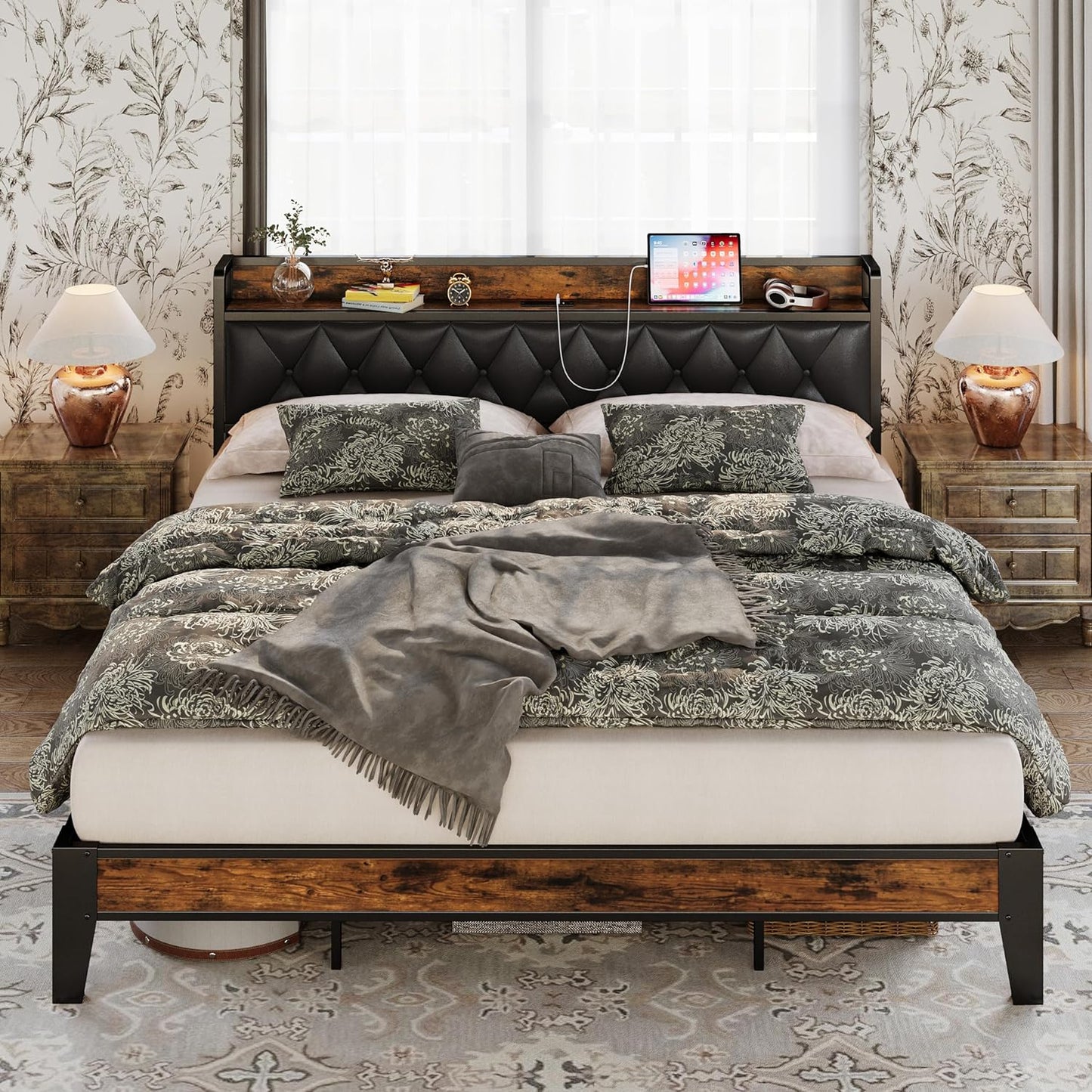 ANCTOR Twin Bed Frames, Storage Headboard with Outlets, Easy to Install, Sturdy and Stable, No Noise, No Box Springs Needed - Perfect for a Good Night's Sleep