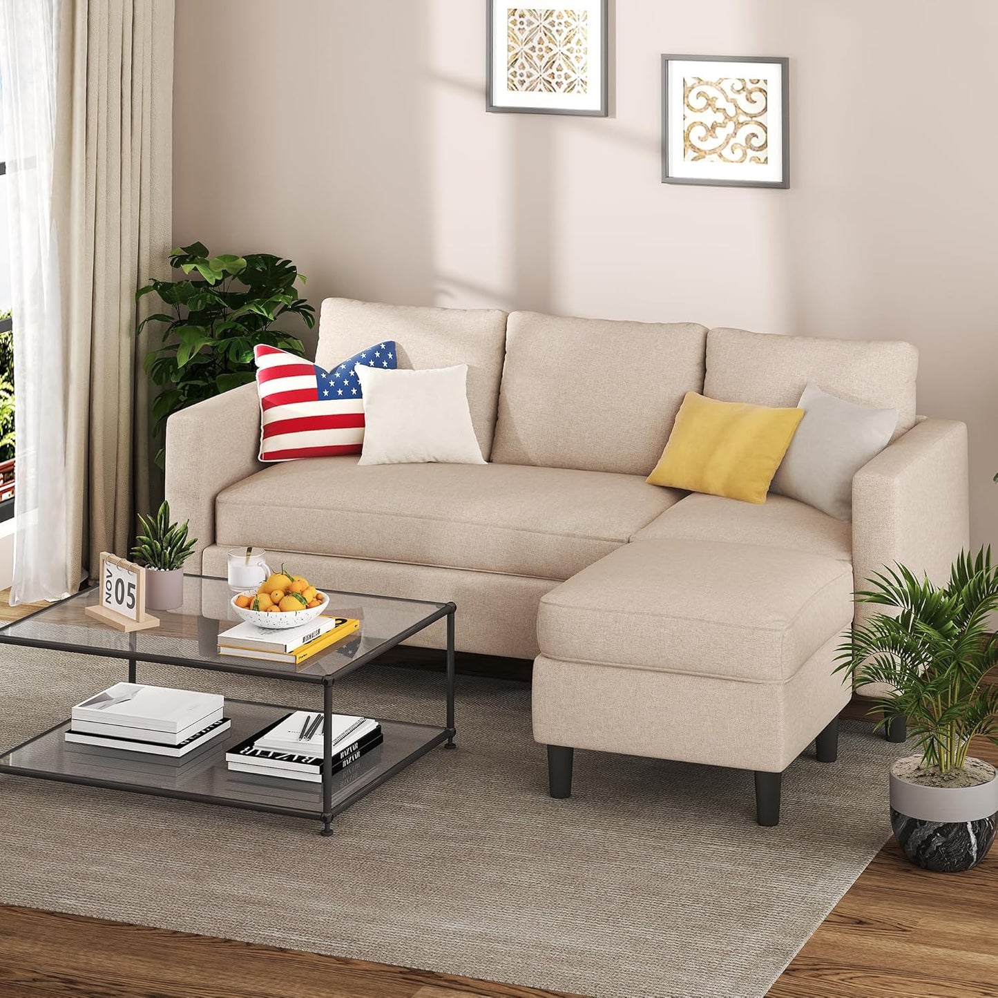 Shintenchi Small Sectional Couch Sofas, 3 Seat L Shape Sofa with Ottoman, Fabric Upholstered Convertible Sofa Couches, Small Couch for Apartments, Living Room and Office (Black)