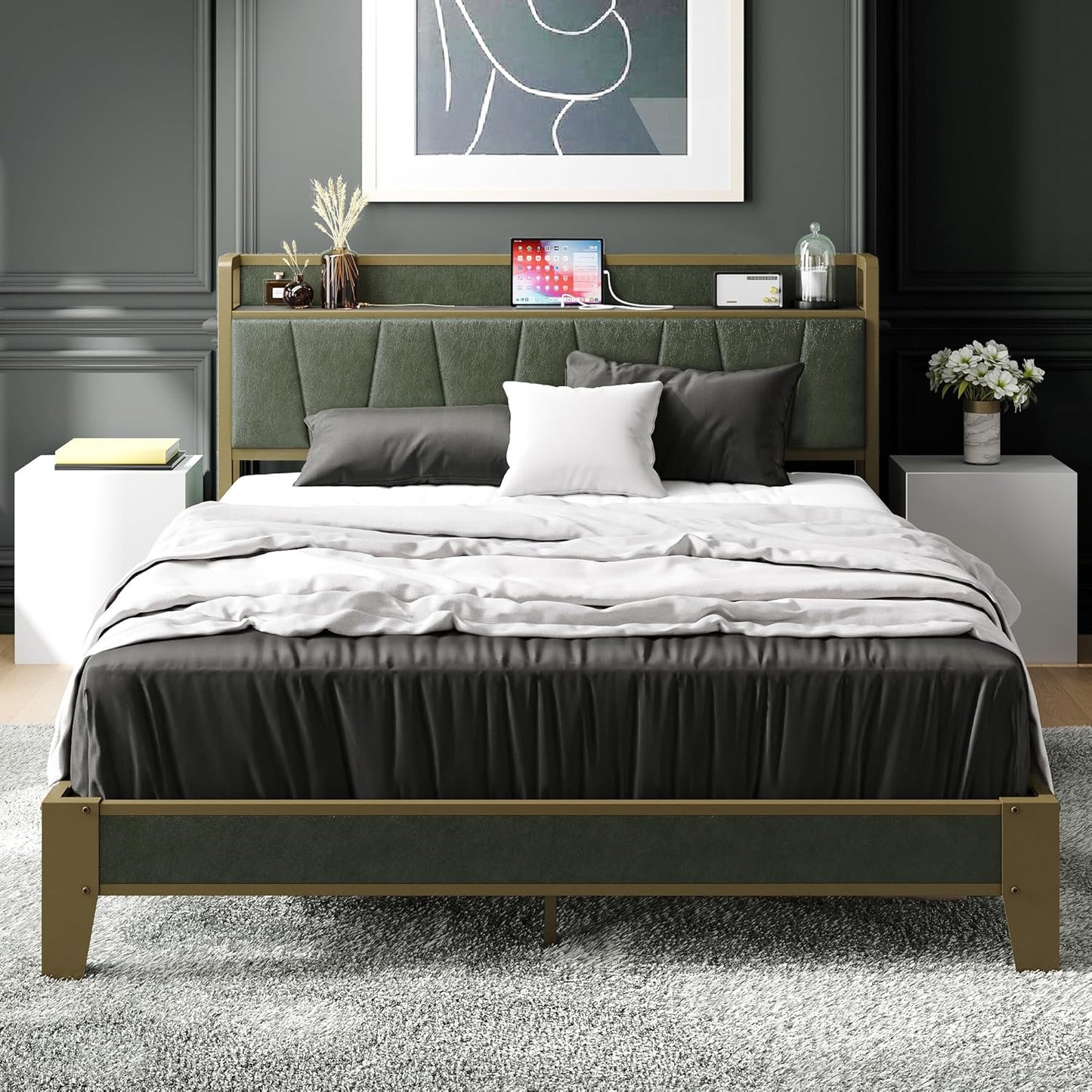 LIKIMIO California King Bed Frames, Storage Headboard with Charging Station, Solid and Stable, Noise Free, No Box Spring Needed, Easy Assembly