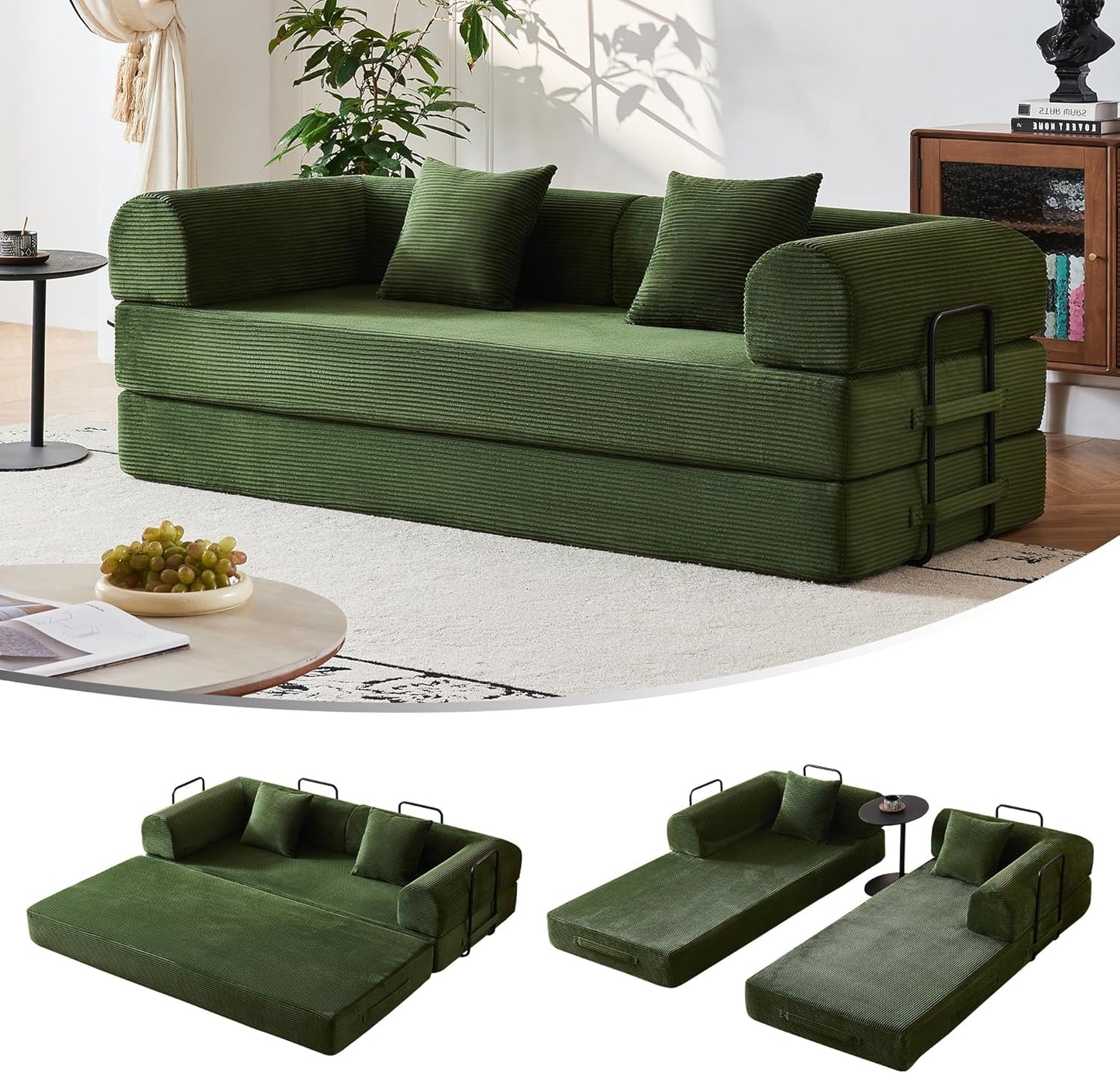 79" Modular Sofa Bed, Convertible Sleeper Sofa Bed, Couch Bed with Fixed-Shape Frame, Corduroy Floor Sofa Lounge Couch, Couches for Living Room with 2 Pillows, No Assembly Required, Black