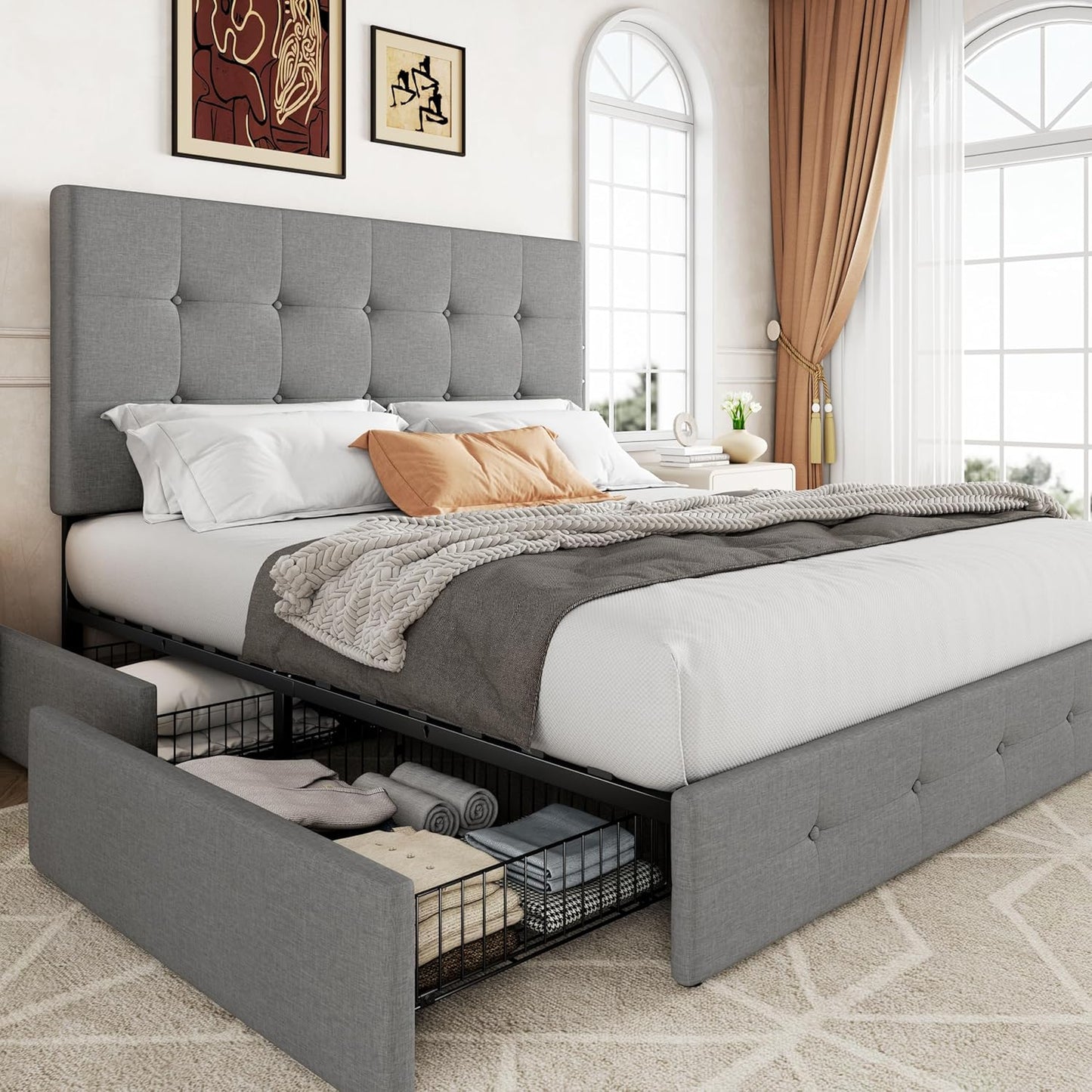 Allewie Upholstered Queen Size Platform Bed Frame with 4 Storage Drawers and Headboard, Square Stitched Button Tufted, Mattress Foundation with Wooden Slats Support, No Box Spring Needed, Light Grey