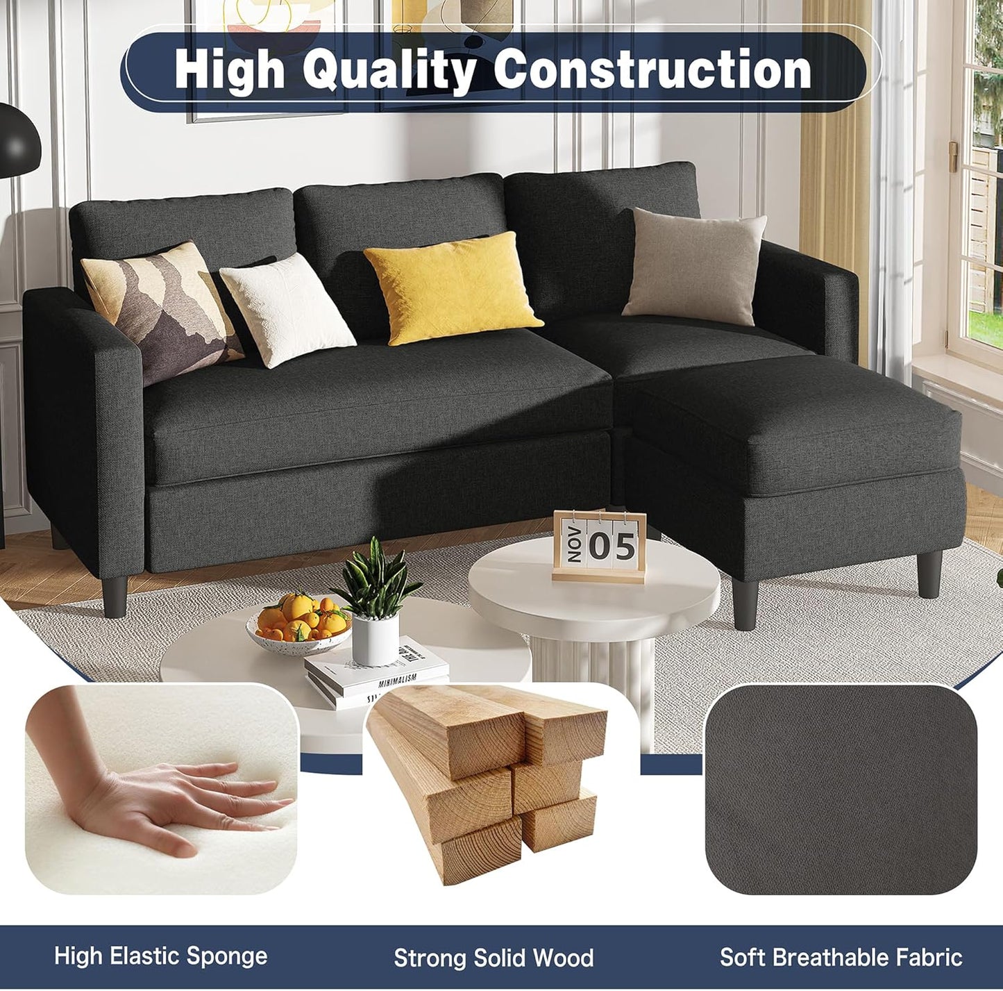 Shintenchi Small Sectional Couch Sofas, 3 Seat L Shape Sofa with Ottoman, Fabric Upholstered Convertible Sofa Couches, Small Couch for Apartments, Living Room and Office (Black)