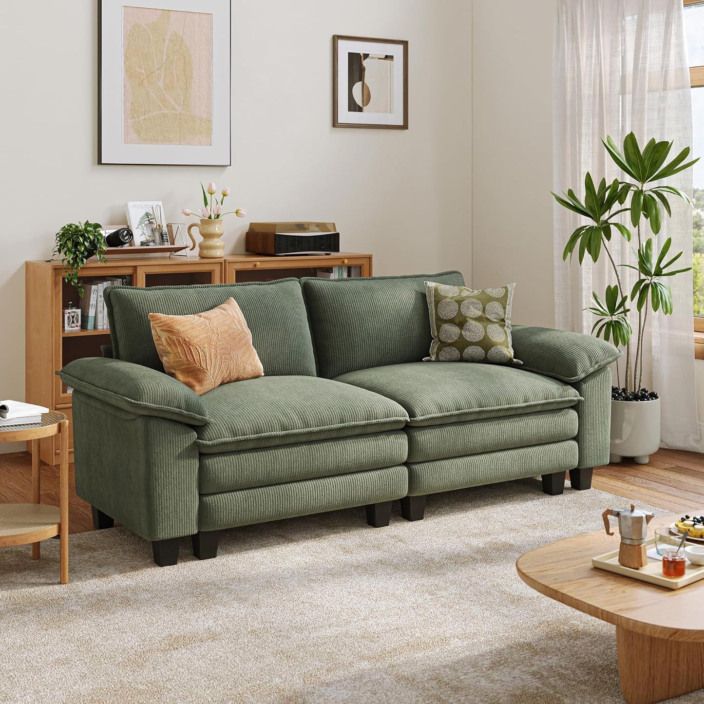 LINSY HOME Modular Sectional Sofa - 123'' Oversized Corduroy Cloud Couch L Shaped Couch with Movable Ottoman Soft Modern Comfy Sofa for Living Room Apartment Office, Green