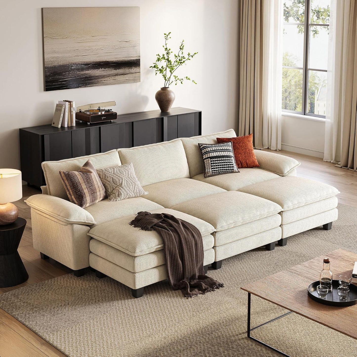 LINSY HOME Modular Sectional Sofa - 123'' Oversized Corduroy Cloud Couch L Shaped Couch with Movable Ottoman Soft Modern Comfy Sofa for Living Room Apartment Office, Green