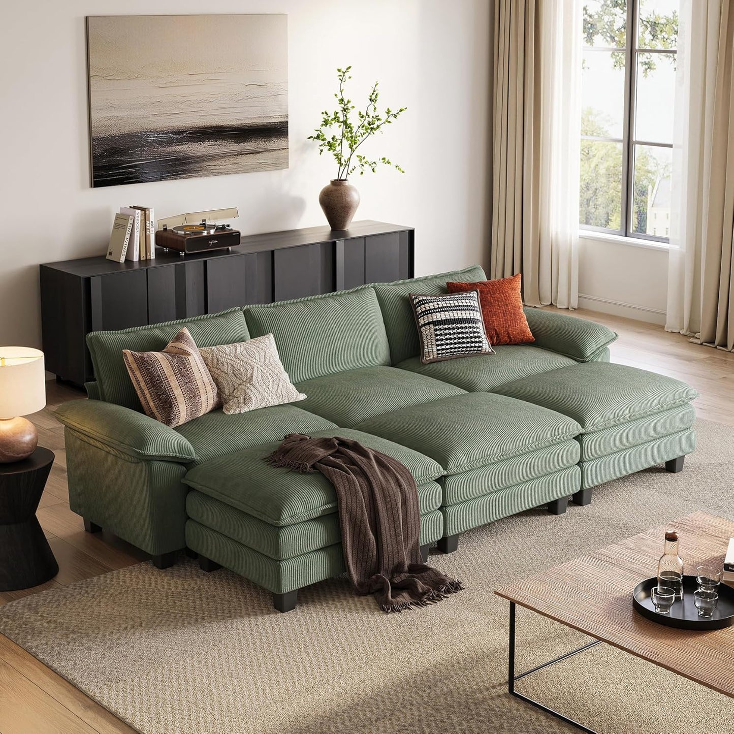 LINSY HOME Modular Sectional Sofa - 123'' Oversized Corduroy Cloud Couch L Shaped Couch with Movable Ottoman Soft Modern Comfy Sofa for Living Room Apartment Office, Green