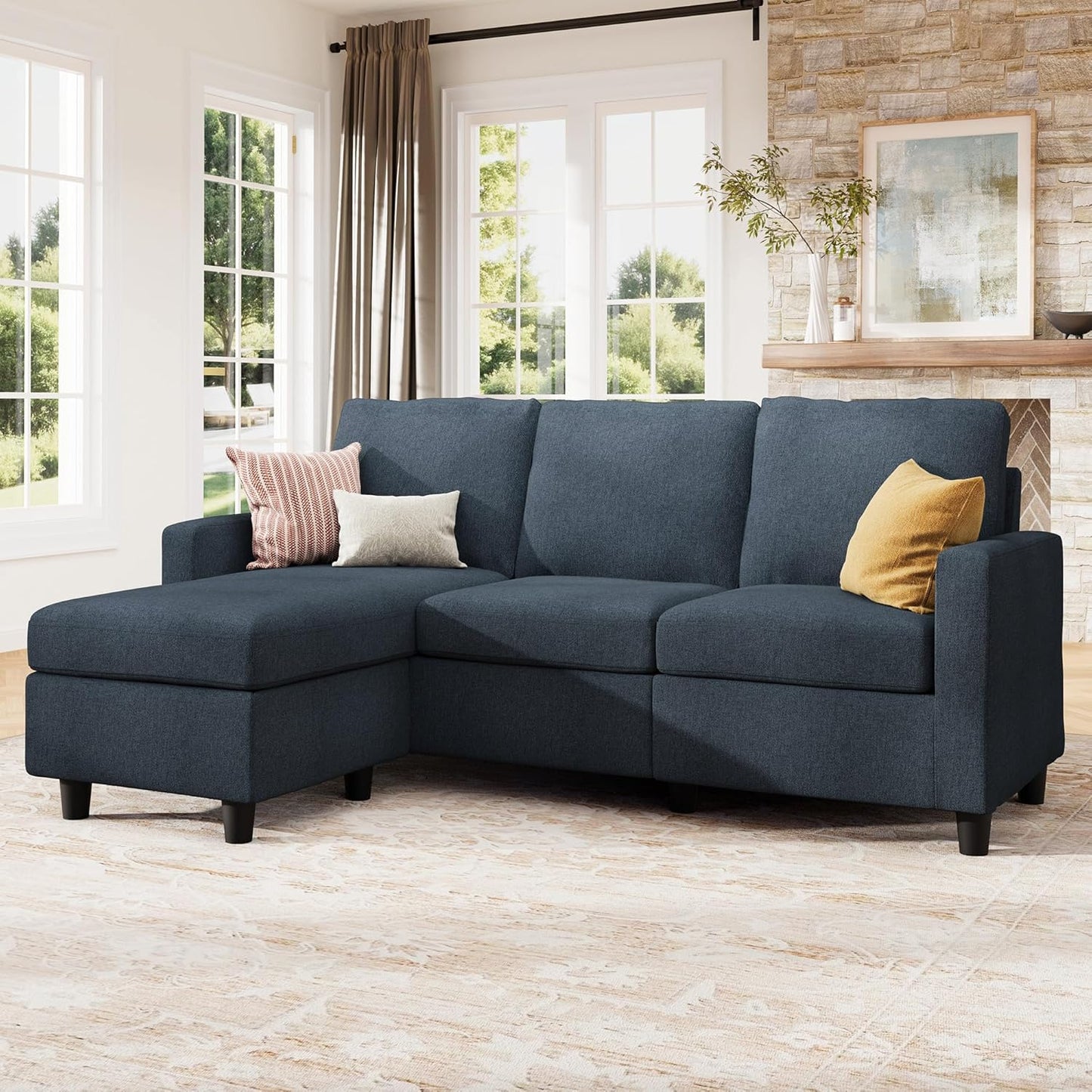 HONBAY Convertible Sectional Sofa, L Shaped Couch with Reversible Chaise for Small Space, Black