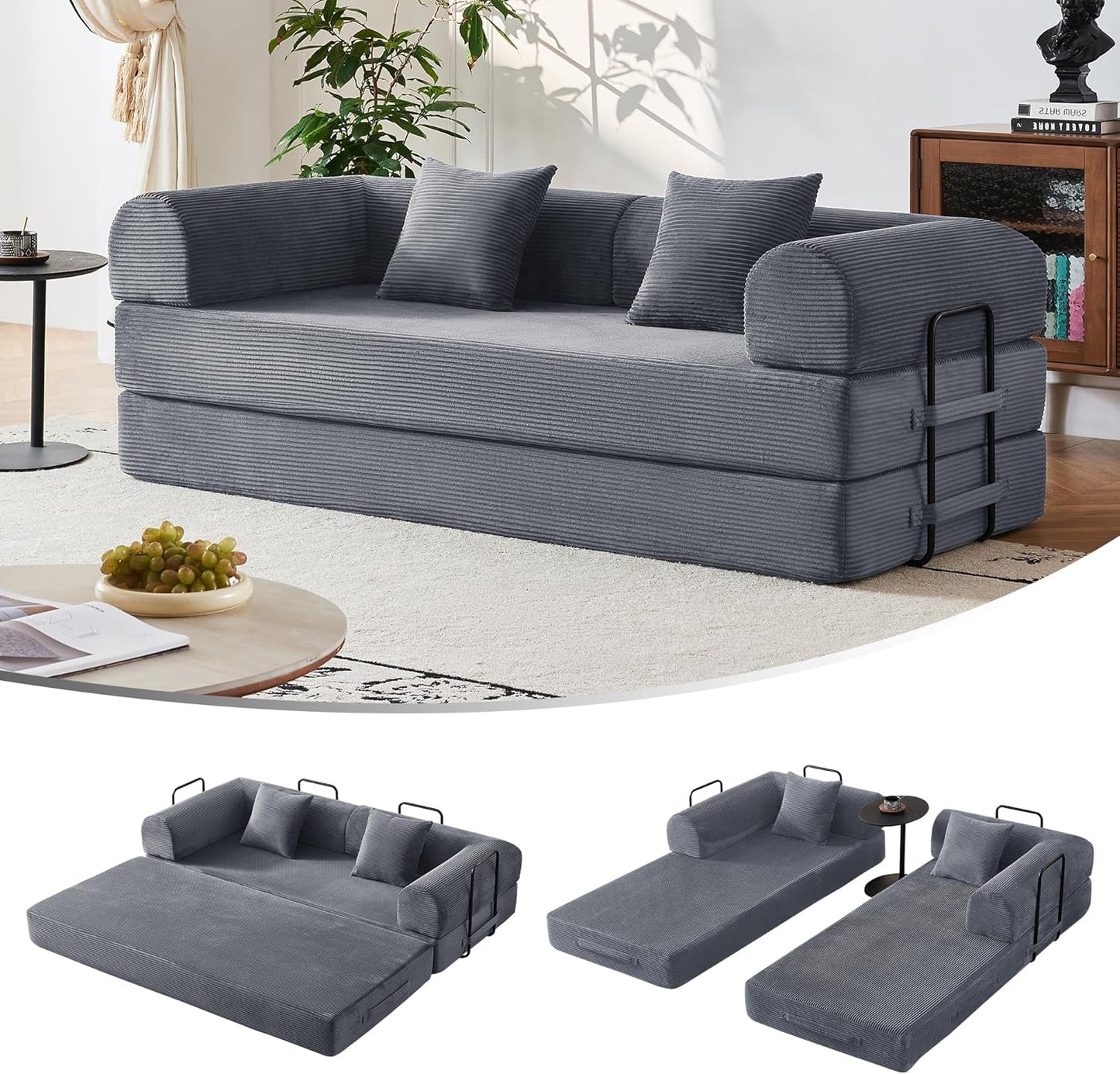 79" Modular Sofa Bed, Convertible Sleeper Sofa Bed, Couch Bed with Fixed-Shape Frame, Corduroy Floor Sofa Lounge Couch, Couches for Living Room with 2 Pillows, No Assembly Required, Black