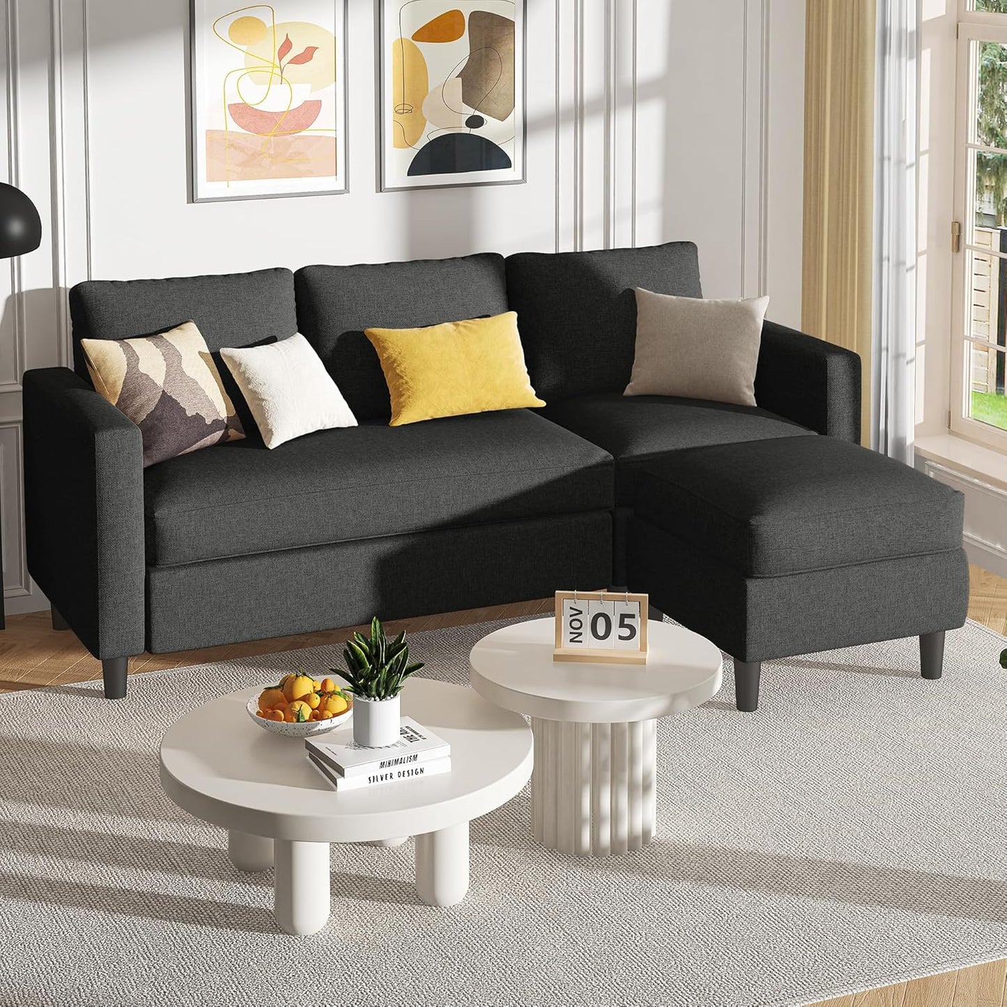 Shintenchi Small Sectional Couch Sofas, 3 Seat L Shape Sofa with Ottoman, Fabric Upholstered Convertible Sofa Couches, Small Couch for Apartments, Living Room and Office (Black)