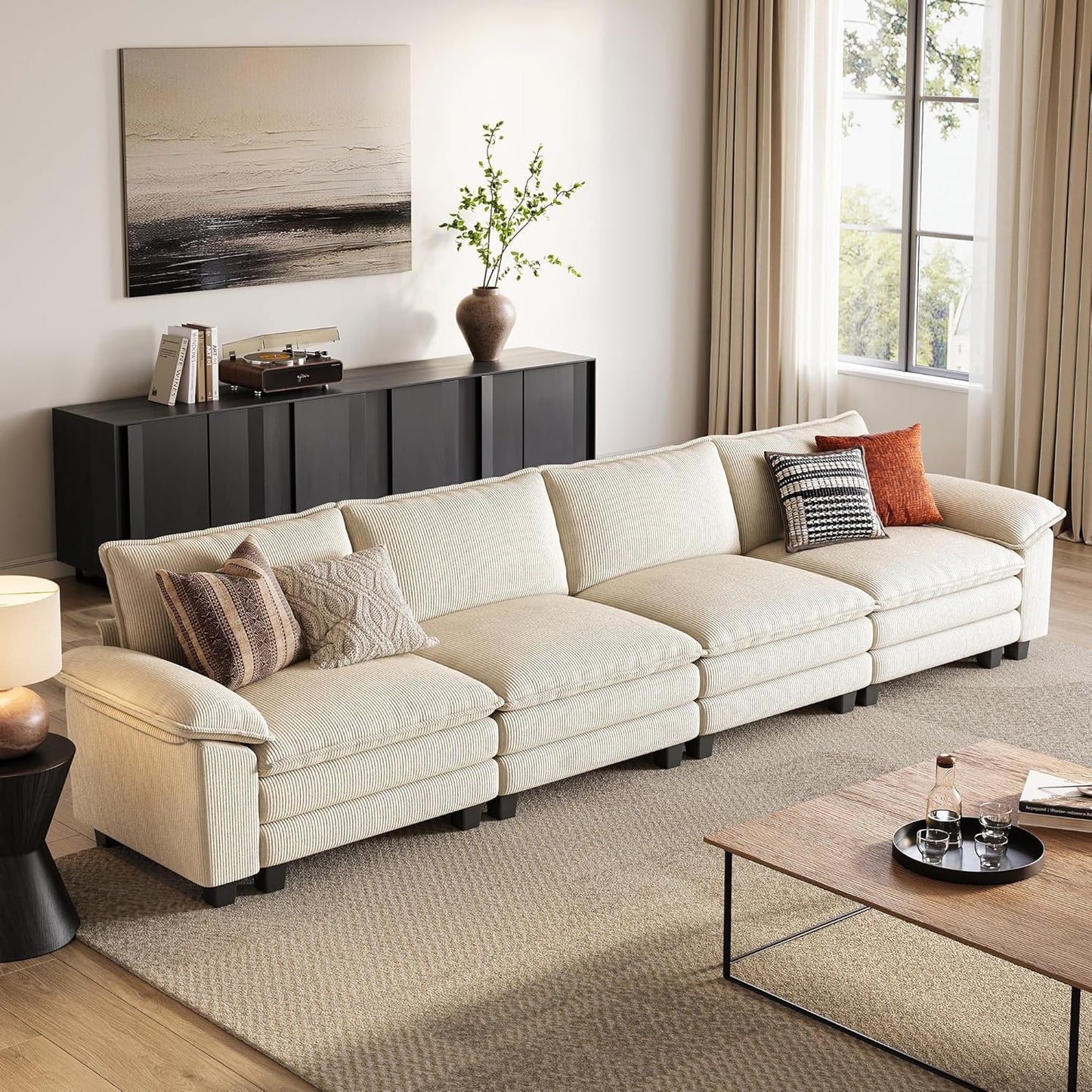 LINSY HOME Modular Sectional Sofa - 123'' Oversized Corduroy Cloud Couch L Shaped Couch with Movable Ottoman Soft Modern Comfy Sofa for Living Room Apartment Office, Green