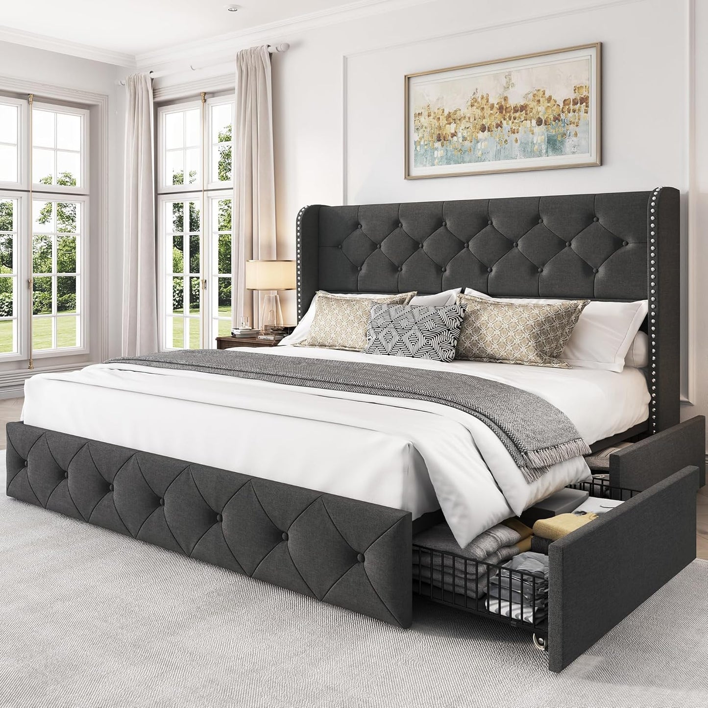 Queen Size Bed Frame with 4 Storage Drawers and Tufted Headboard Linen Upholstered Platform Bed Frame Wingback Beds with Wooden Slats Support, Easy Assembly, Beige