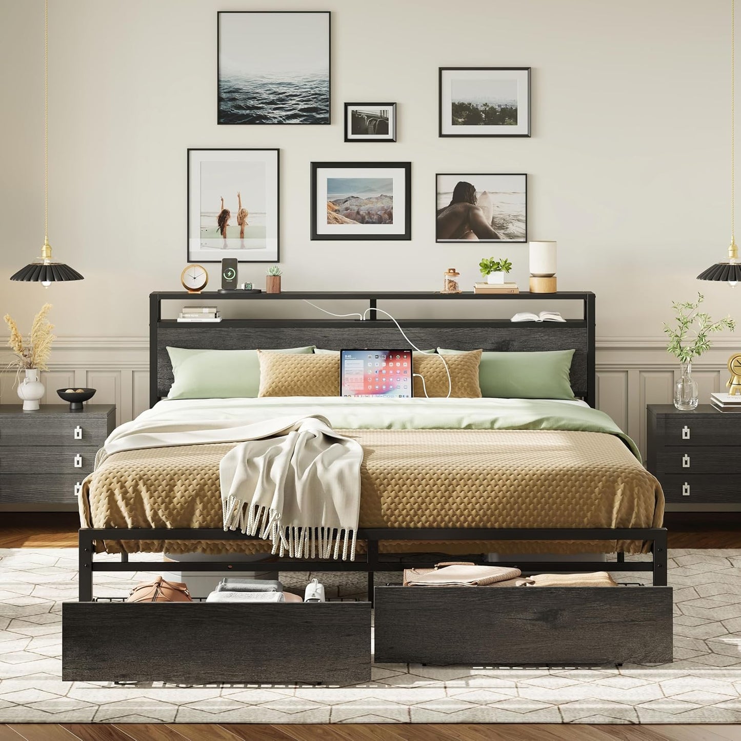 LIKIMIO King Bed Frame with Storage Headboard, Platform Bed with Drawers and Charging Station, No Box Spring Needed, Easy Assembly, Vintage Brown