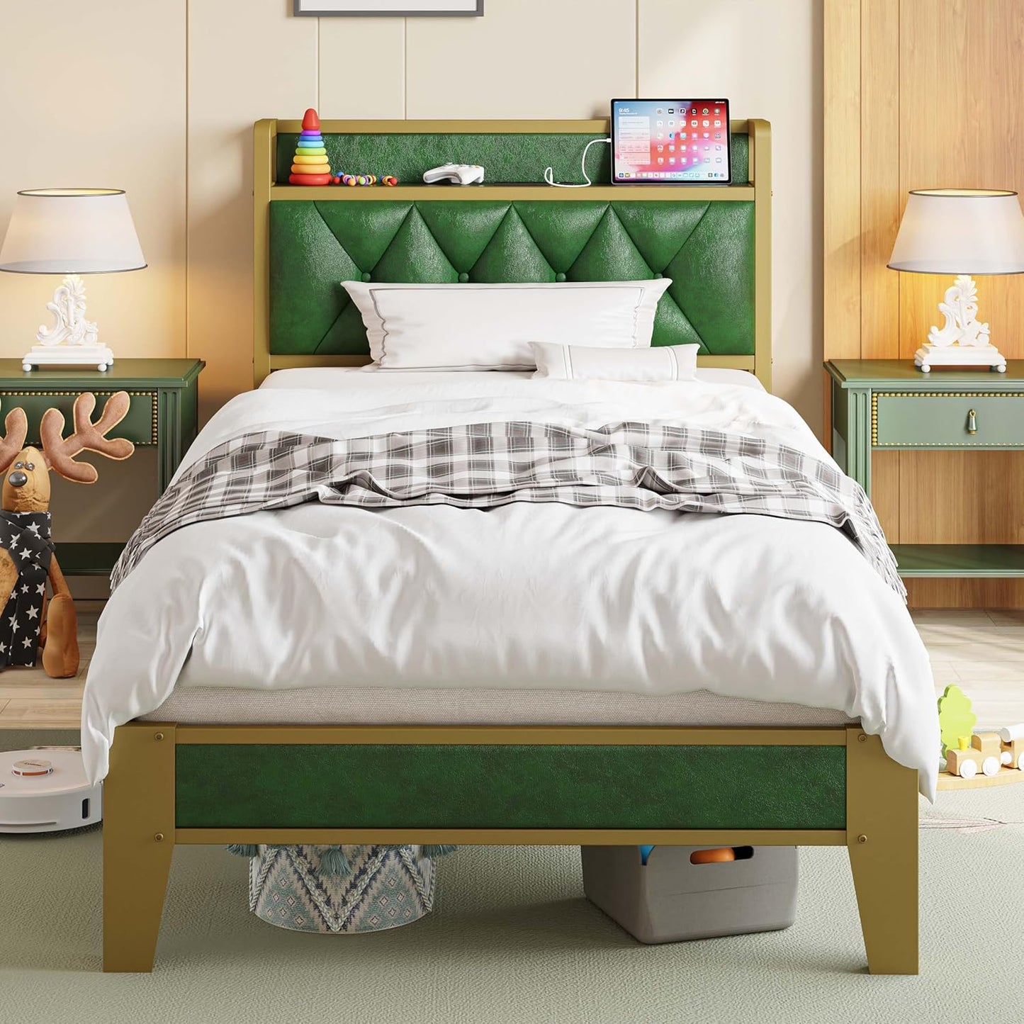 ANCTOR Twin Bed Frames, Storage Headboard with Outlets, Easy to Install, Sturdy and Stable, No Noise, No Box Springs Needed - Perfect for a Good Night's Sleep