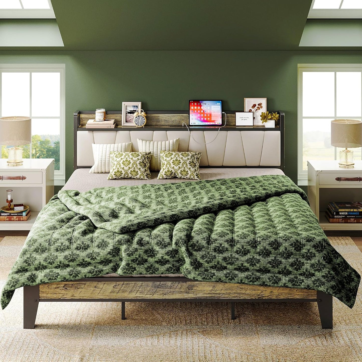 LIKIMIO California King Bed Frames, Storage Headboard with Charging Station, Solid and Stable, Noise Free, No Box Spring Needed, Easy Assembly