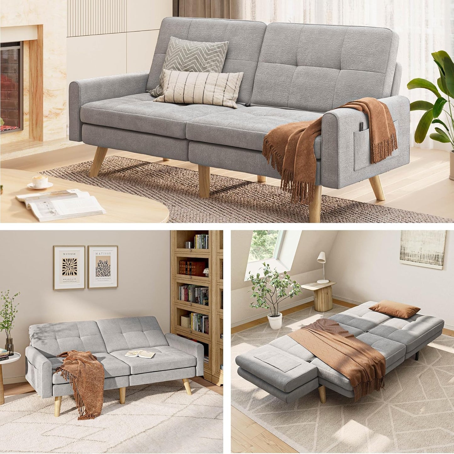 Gizoon 70.9" Sofa Bed, Futon Couch Bed with Adjustable Backrest, Modern Sleeper Sofa with Removable Armrest for Extended Length, Love Seat for Living Room, Office and Small Spaces, Apartment, Grey