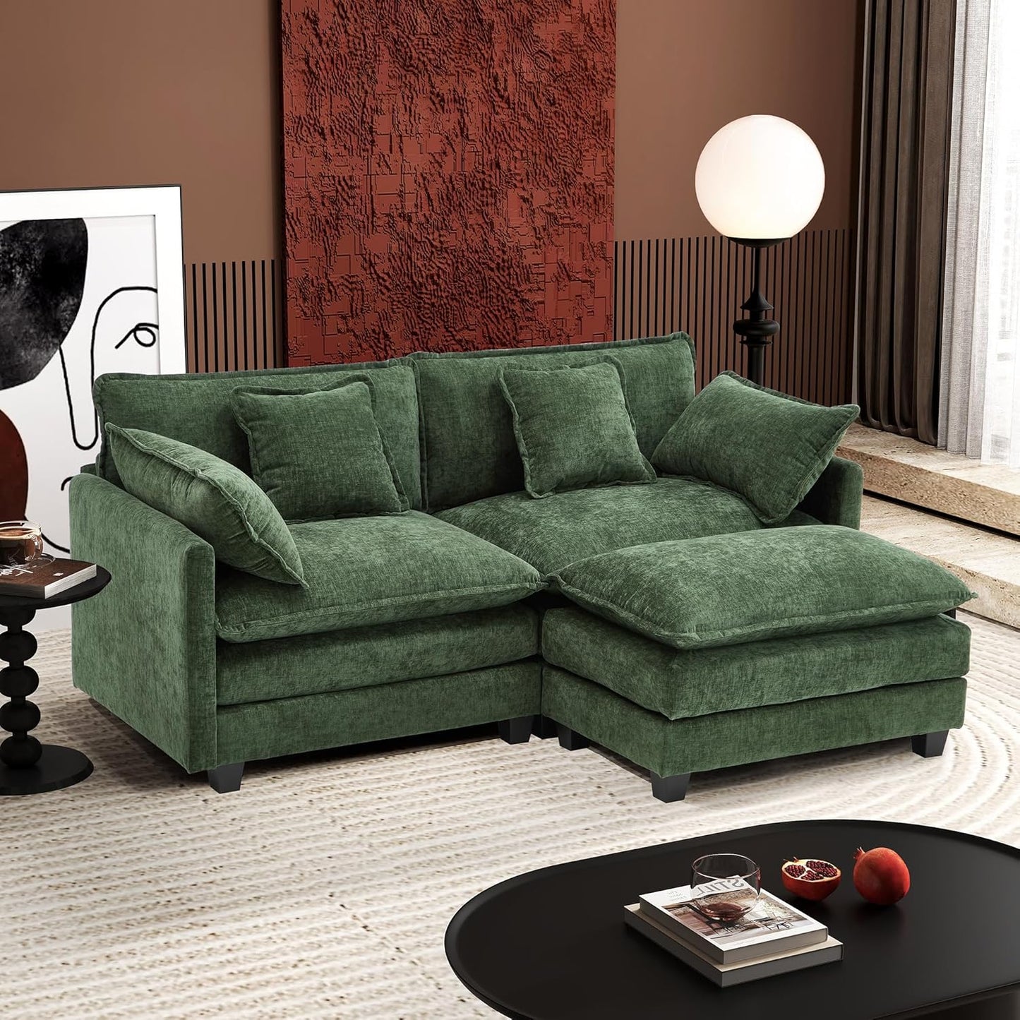 Ihanherry 111.4" L Shaped Modern Sofa Modular Sectional Cloud Couch with Ottoman, 4-Seat Chenille Deep Seat Sofa with Pillow for Living Room, Bedroom and Apartment, Grey