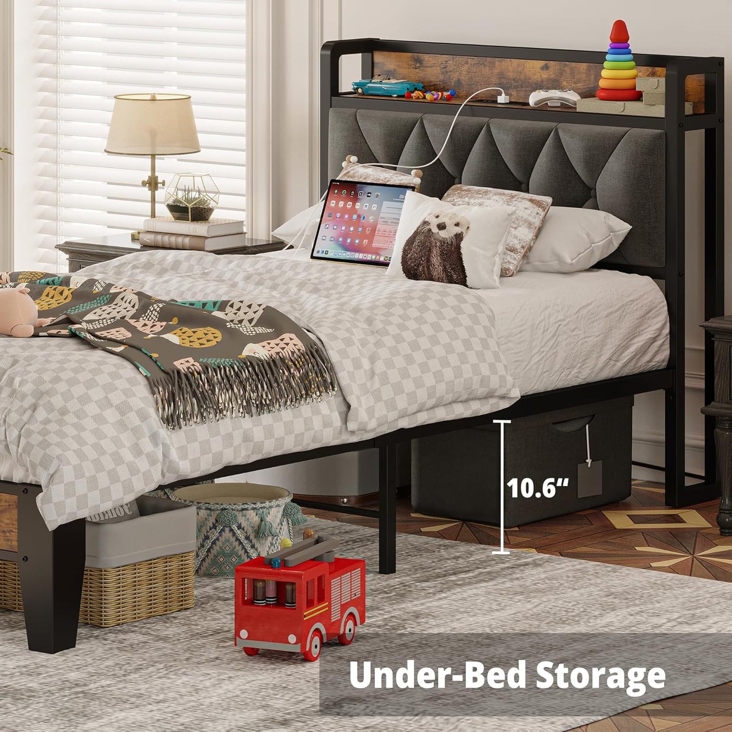 ANCTOR Twin Bed Frames, Storage Headboard with Outlets, Easy to Install, Sturdy and Stable, No Noise, No Box Springs Needed - Perfect for a Good Night's Sleep