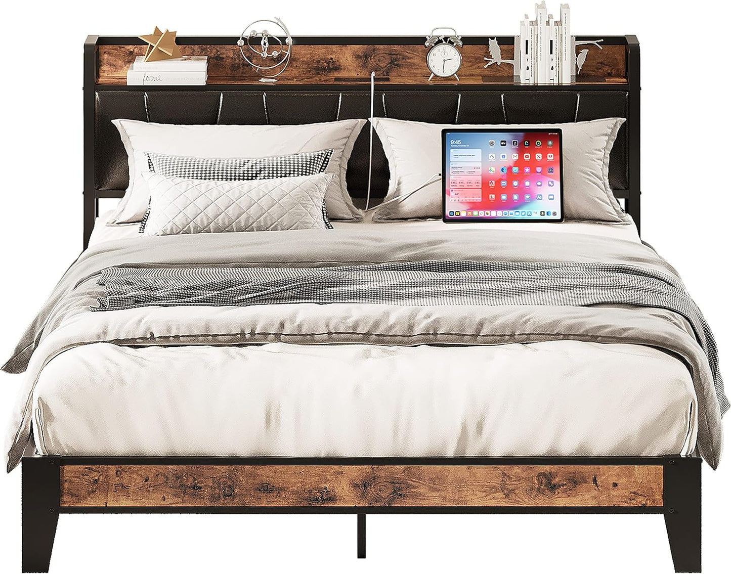 LIKIMIO California King Bed Frames, Storage Headboard with Charging Station, Solid and Stable, Noise Free, No Box Spring Needed, Easy Assembly