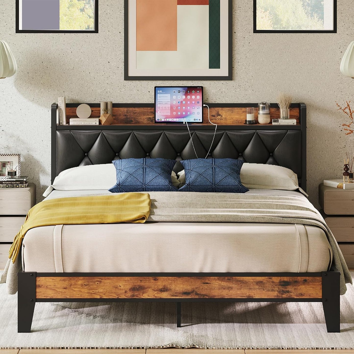 ANCTOR Twin Bed Frames, Storage Headboard with Outlets, Easy to Install, Sturdy and Stable, No Noise, No Box Springs Needed - Perfect for a Good Night's Sleep