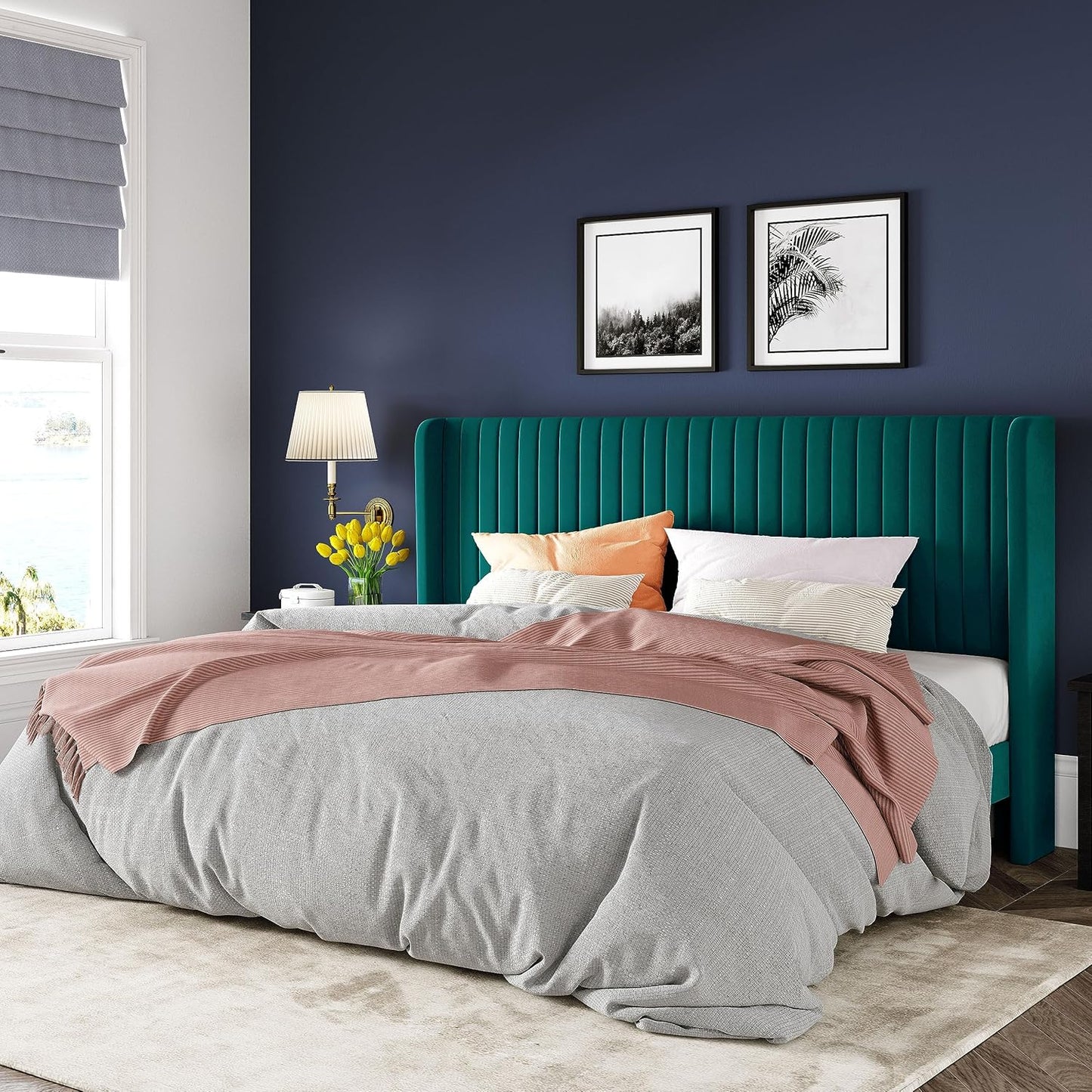 Allewie Full Size Velvet Bed Frame/Vertical Channel Tufted Wingback Headboard/Upholstered Platform Bed/Strong Wooden Slats/No Box Spring Needed/Easy Assembly/White