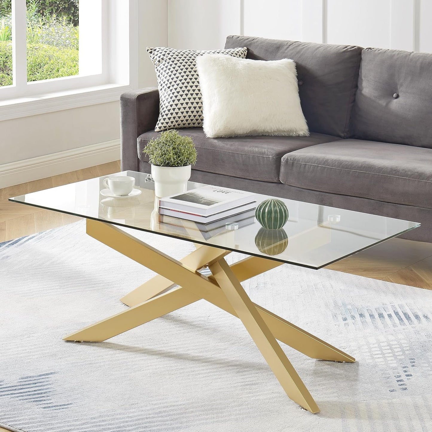 Rectangle Modern Coffee Table, Tempered Glass Top and Metal Tubular Leg, 47.3”Lx23.6”Wx18.1”H, Silver